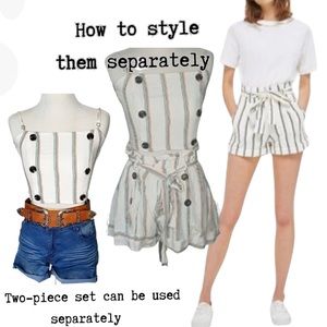 White Multi Stripes Top & Paper Bag Shorts Set